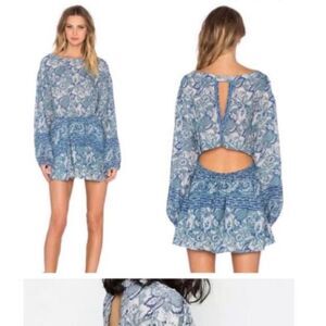 Free People Silver Sun Printed Mini Dress Pockets Open Low Back Size S